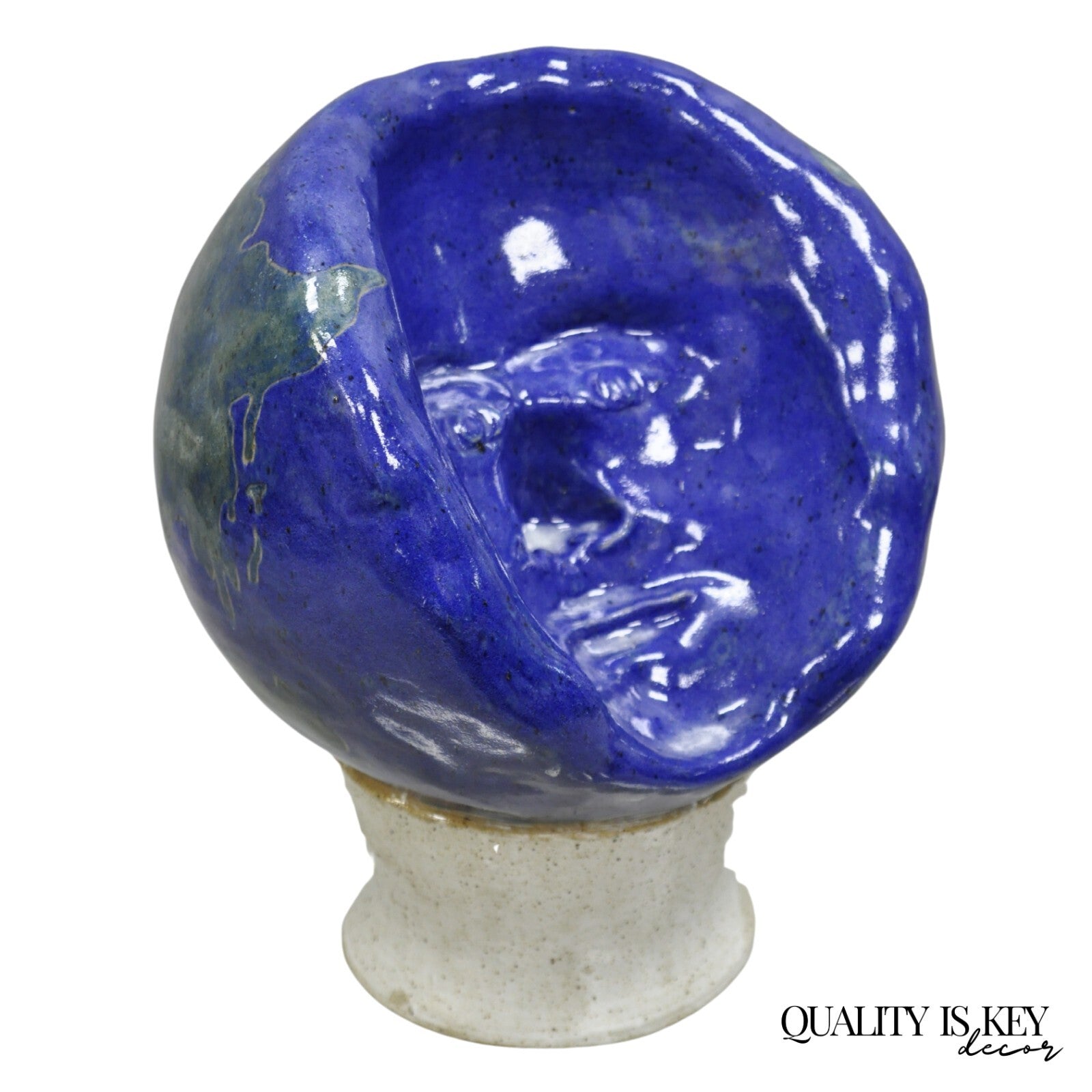 Vintage Mid Century Modern Blue Glaze Ceramic Pottery World Globe Face Sculpture