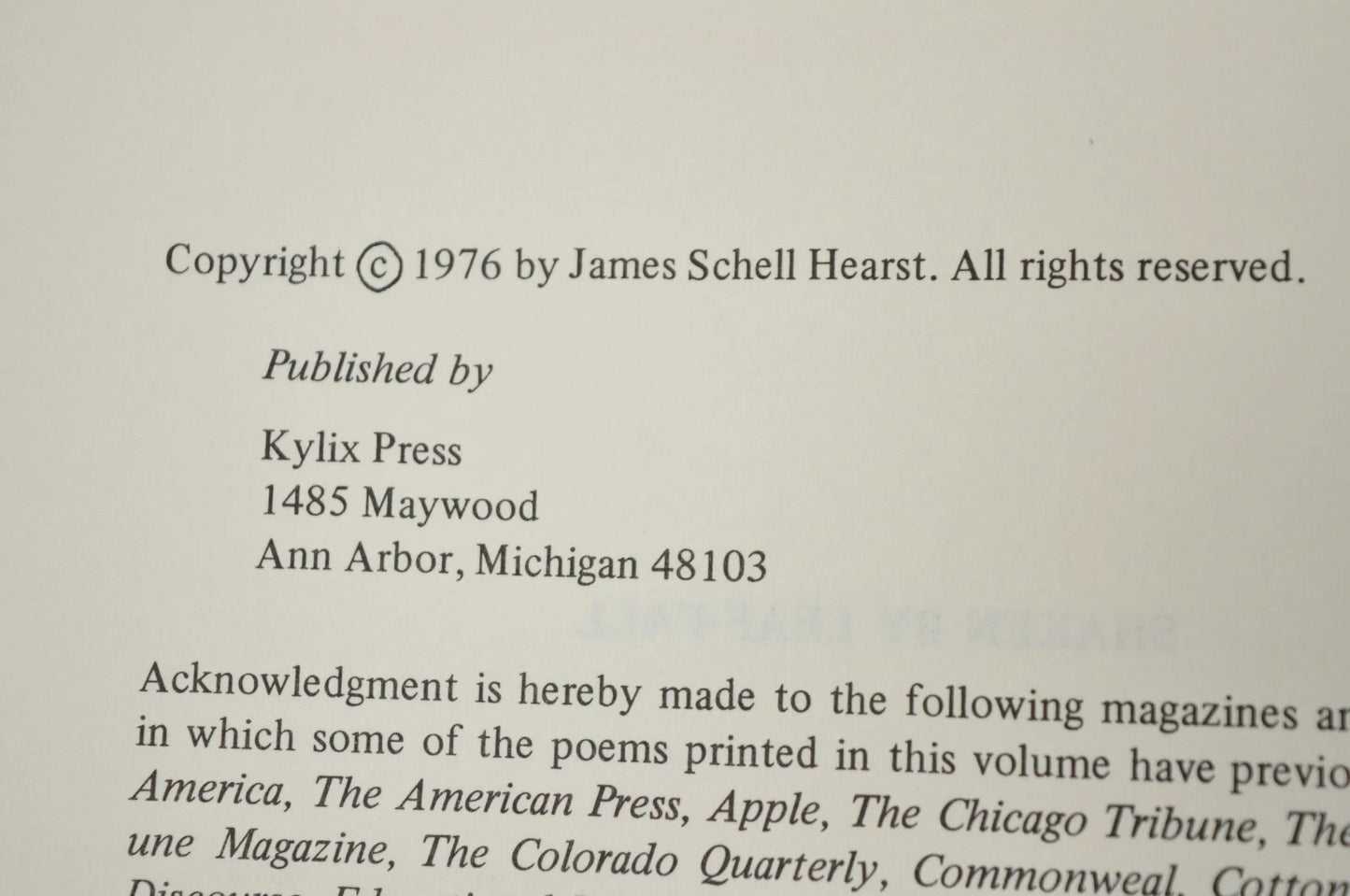 Shaken by Leaf-Fall: Poems by James Hearst Kylix Press (Hardcover) 1976 NOS