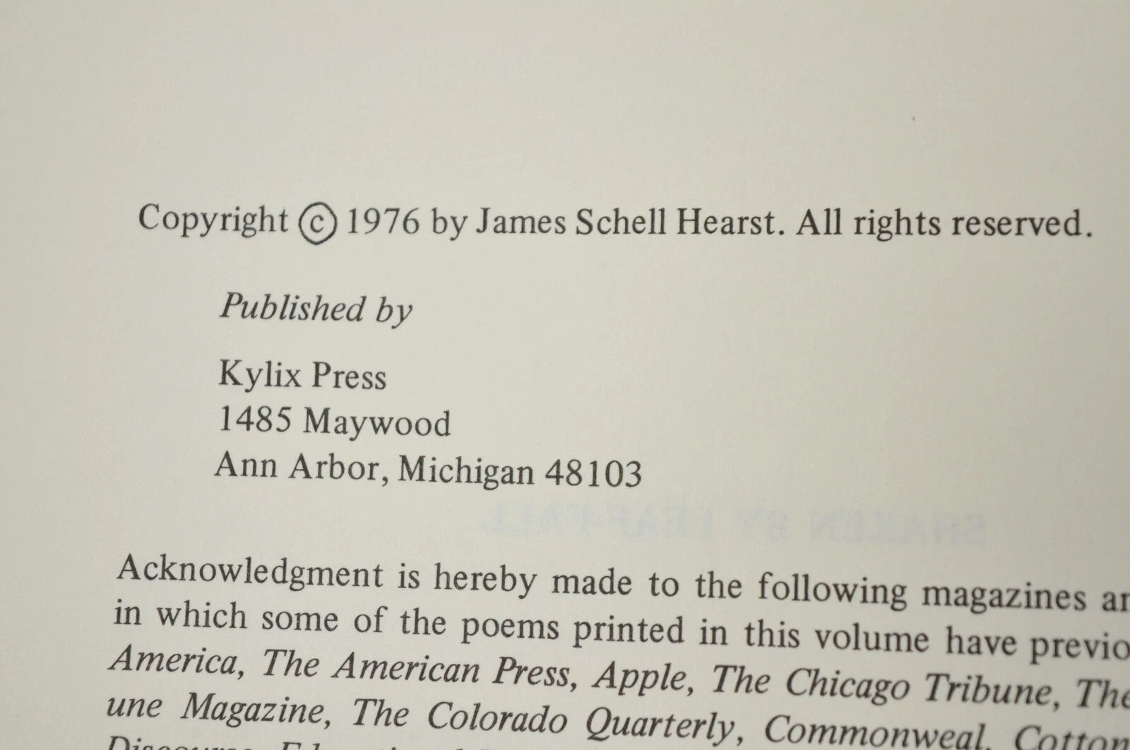 Shaken by Leaf-Fall: Poems by James Hearst Kylix Press (Hardcover) 1976 NOS