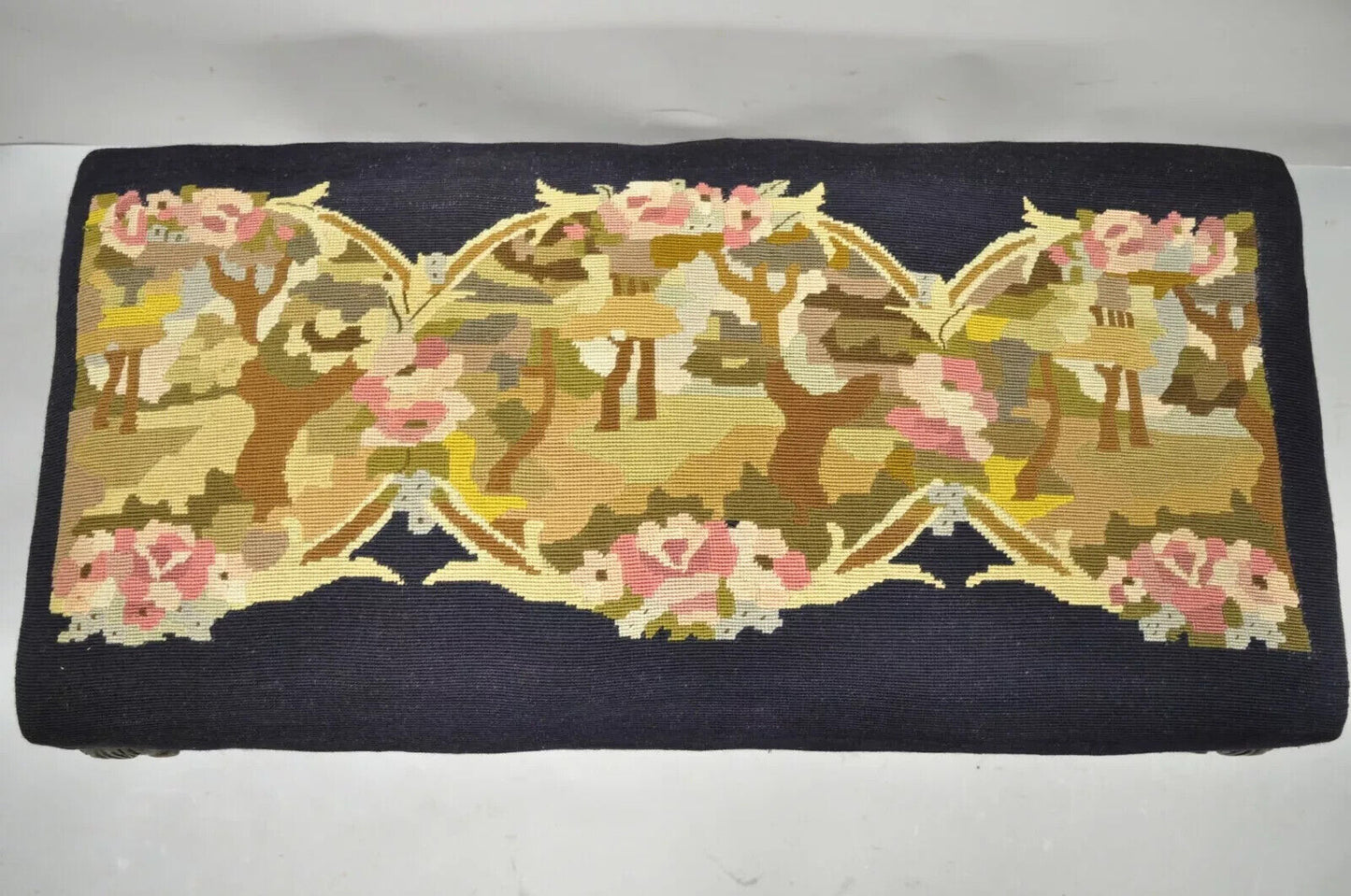 Antique French Victorian Needlepoint Carved Mahogany Cabriole Leg Bench