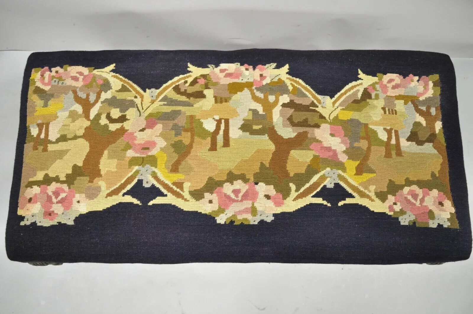 Antique French Victorian Needlepoint Carved Mahogany Cabriole Leg Bench