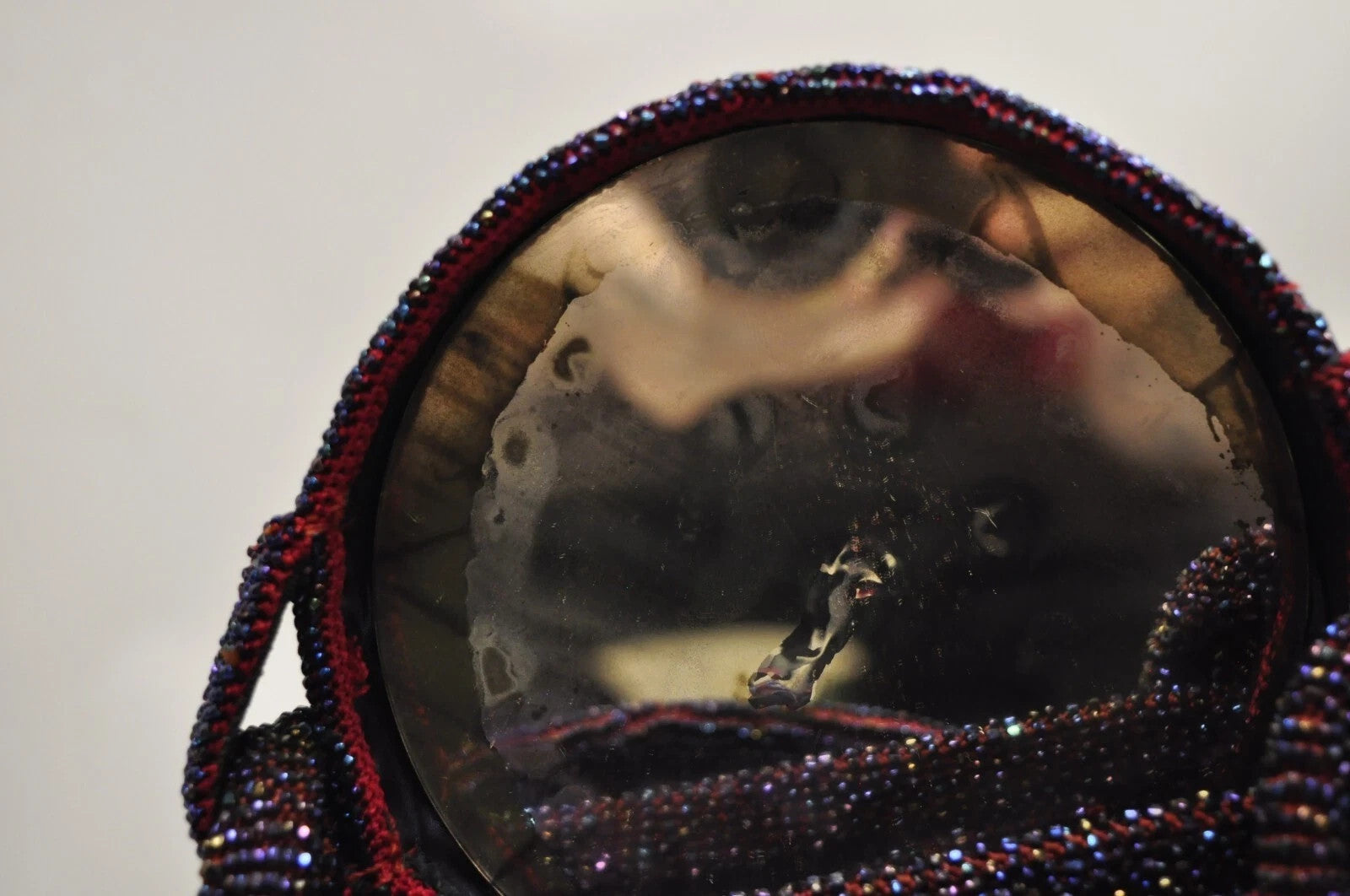 Vintage French Art Deco Blue Red Beaded Handbag Round Box Purse with Mirror