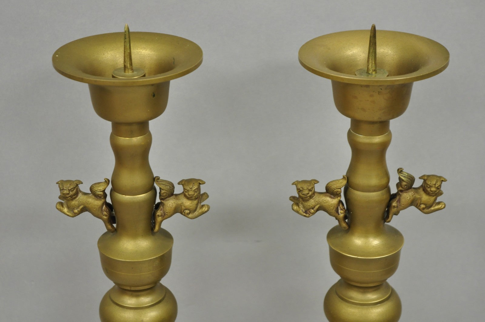Vintage Oriental Foo Dog Stacked Brass Pricket Chinese 20" Candlesticks - a Pair