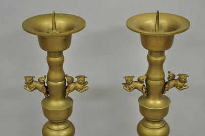 Vintage Oriental Foo Dog Stacked Brass Pricket Chinese 20" Candlesticks - a Pair