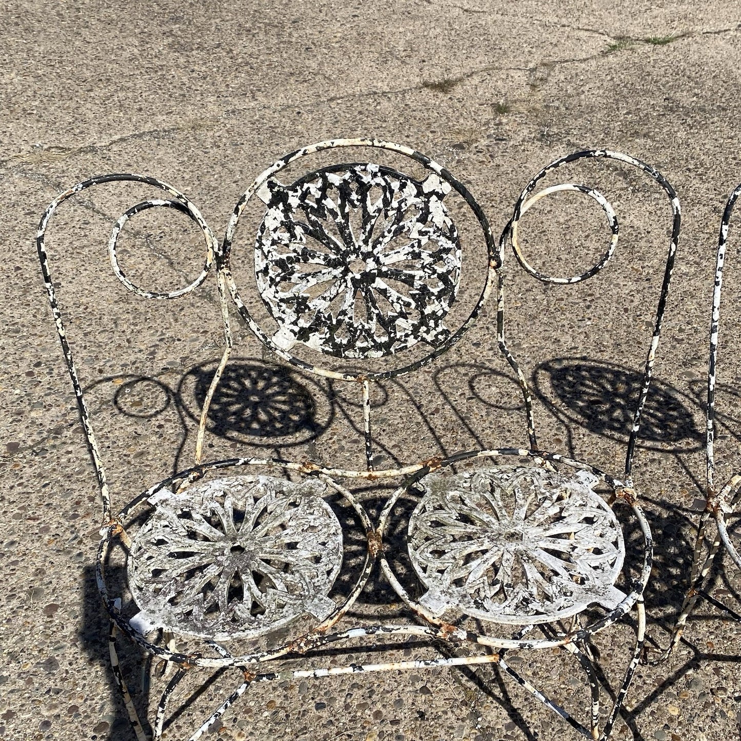 Antique Victorian French Wrought Iron Small Garden Patio Bench Plant Seat, Pair