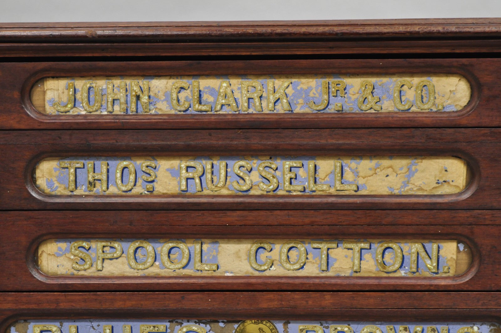 Antique John Clark Walnut 6 Drawer Sewing Spool Cabinet w Reverse Painted Glass