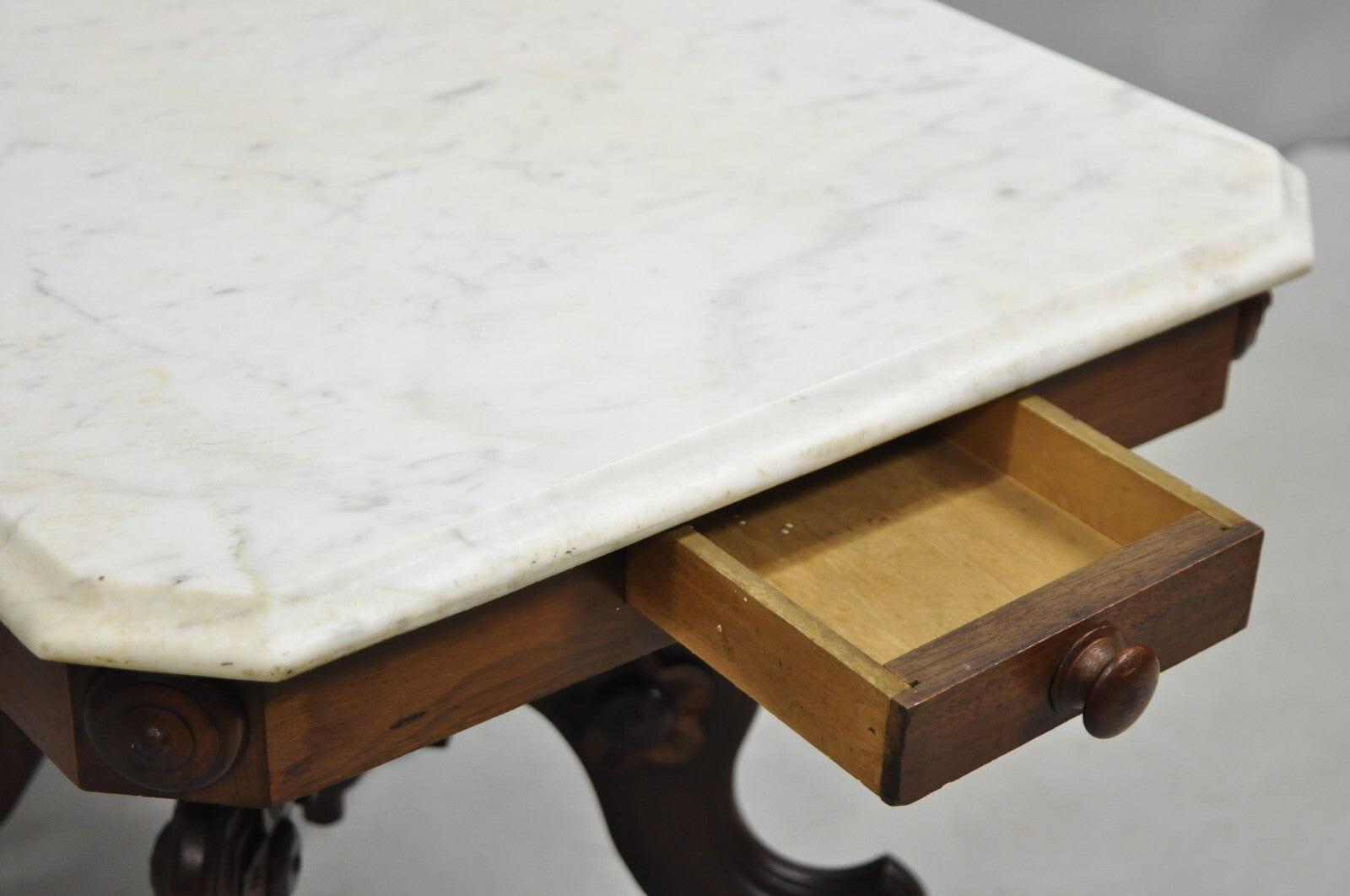 Antique Eastlake Victorian Small Marble Top Pedestal Base Coffee Table w/ Drawer