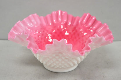 Vintage Pink & White Hobnail Cased Glass Candy Dish Ruffled Bowl Brides Basket