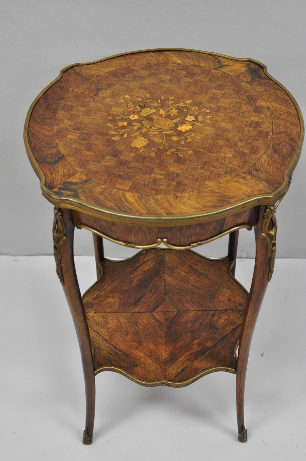 Antique French Louis XV Style Marquetry Inlay Bronze Ormolu Rosewood Side Table