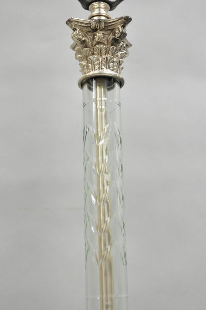 Antique French Empire Nickel Silver Glass Corinthian Column Table Lamps - a Pair
