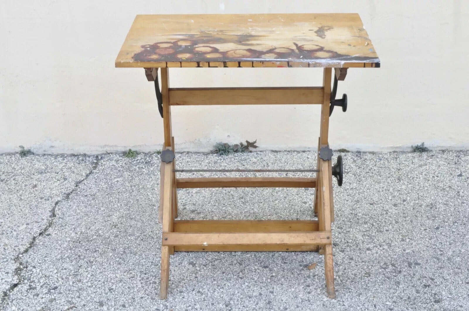 Antique American Industrial Small Wood & Cast Iron Drafting Table Work Desk