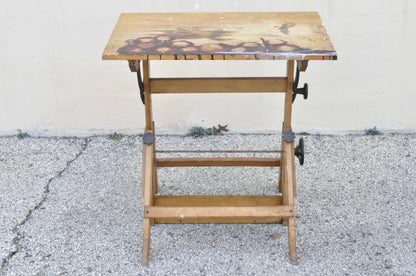 Antique American Industrial Small Wood & Cast Iron Drafting Table Work Desk