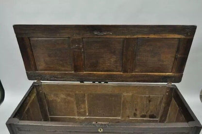 19th C. European Renaissance 3 Panel Solid Oak Wood Coffer Blanket Chest Trunk