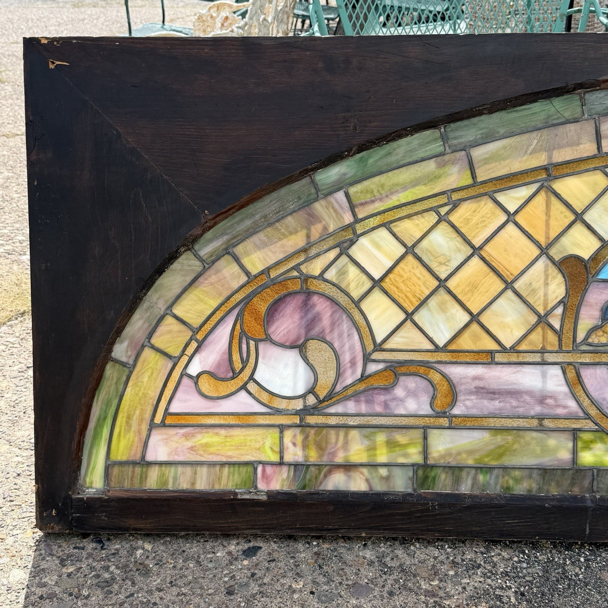 Antique Art Nouveau Colored Stained Glass Fruit 27 x 75 Arched Transom Window, A