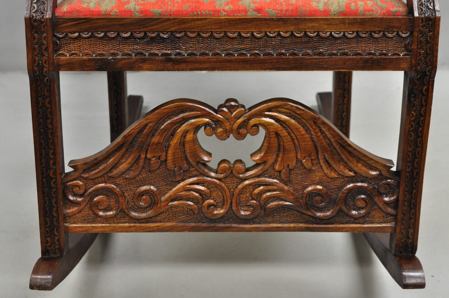 Vintage Anglo Indian Renaissance Style Carved Wood Rocker Rocking Chair