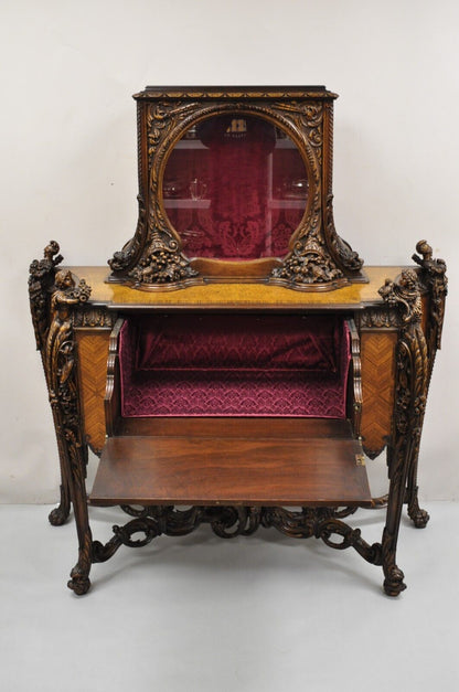 French Renaissance Louis XV Style Figural Carved Walnut Curio Display Buffet