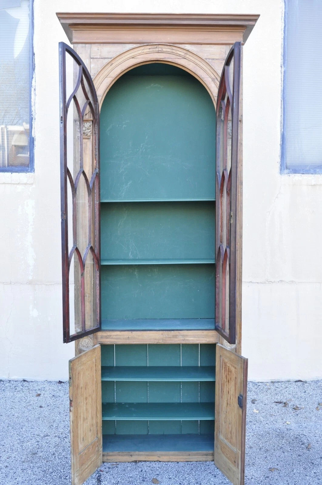 Antique Italian Renaissance 109" Tall Carved Wood Gothic Cupboard Hutch Cabinet