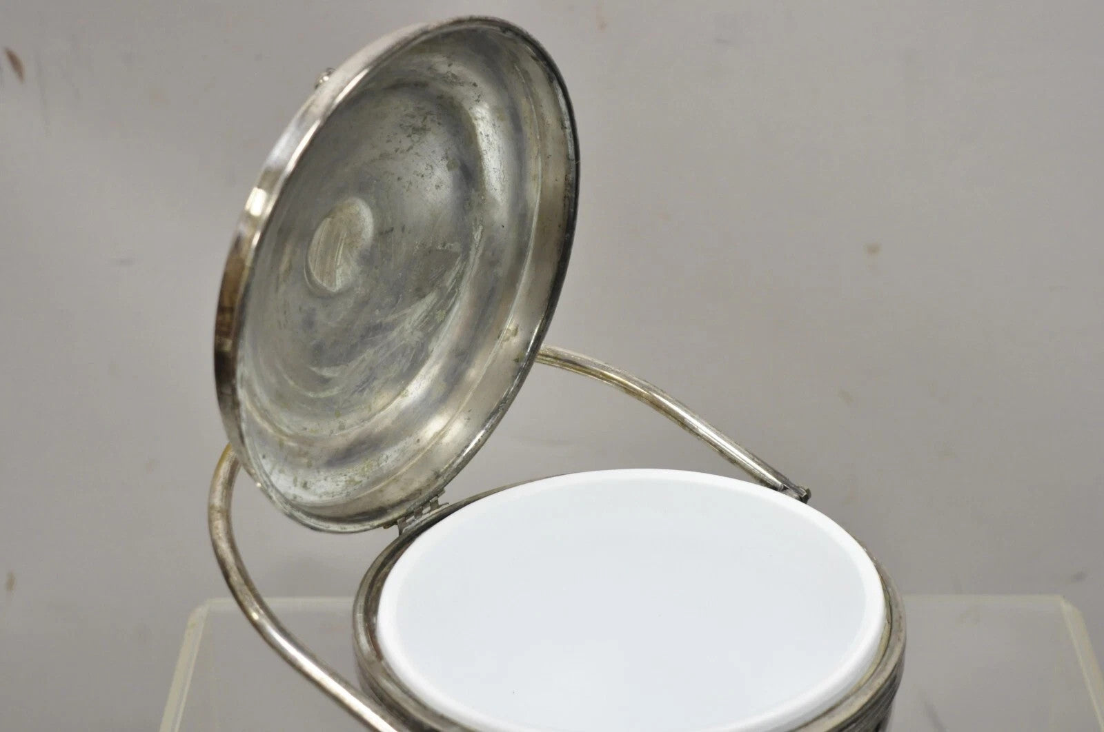 Vintage Sheffield Silver Plated MCM Modern Reticulating Hinge Bar Ice Bucket