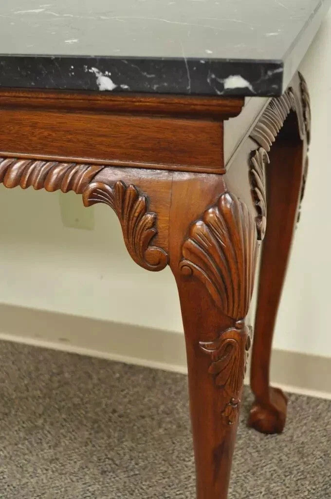 Vintage Chippendale Style Carved Mahogany Ball and Claw Marble Top Console Table