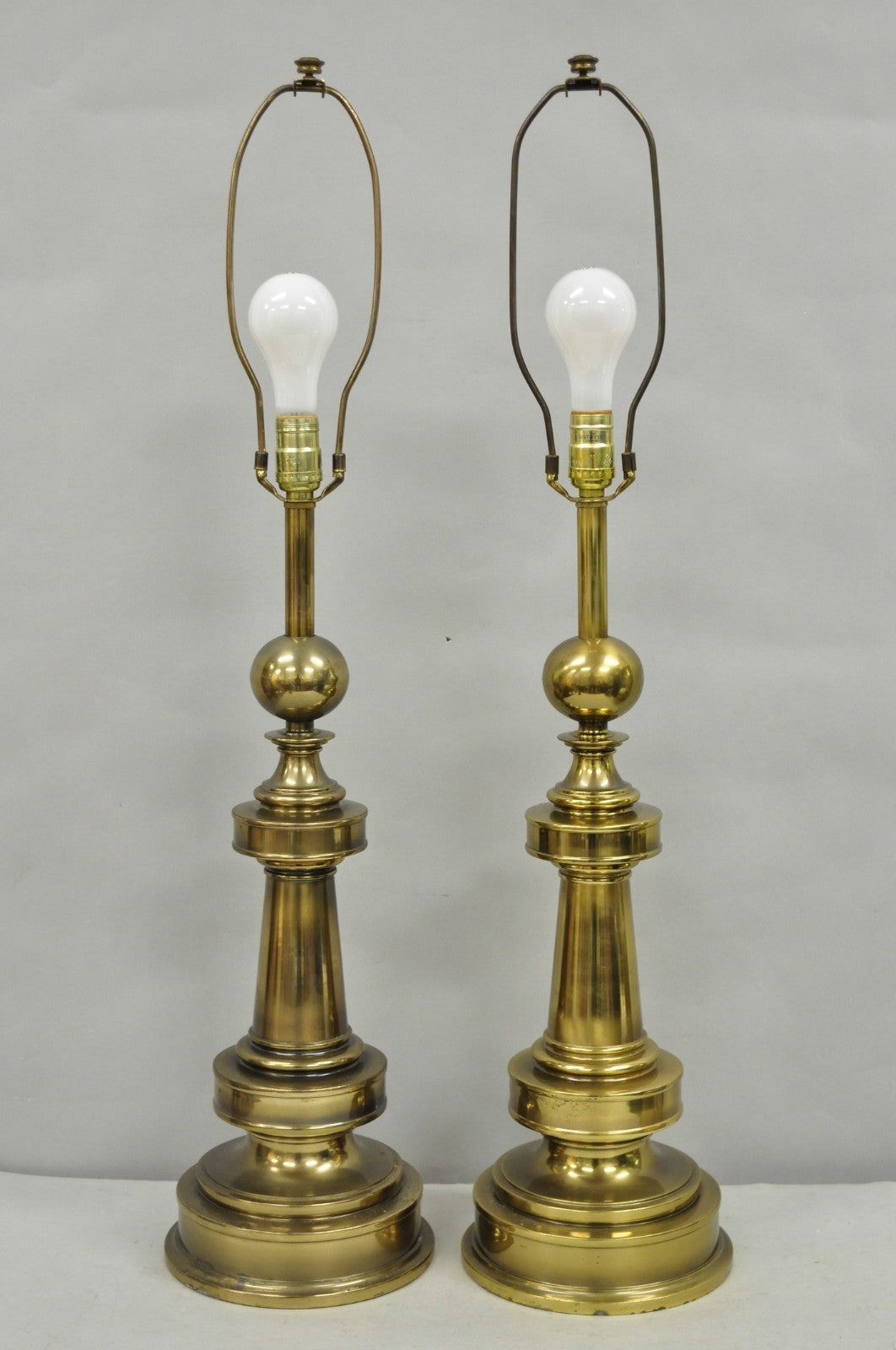 Vintage Stiffel Neoclassical Brass Cannonball Column Table Lamps - a Pair