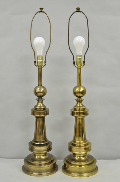 Vintage Stiffel Neoclassical Brass Cannonball Column Table Lamps - a Pair