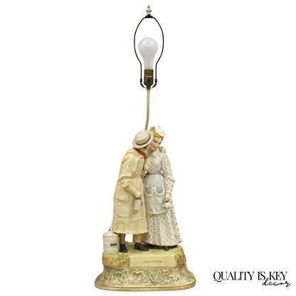 Antique Large Victorian Bisque "Taking The Cream" Porcelain Figure Table Lamp