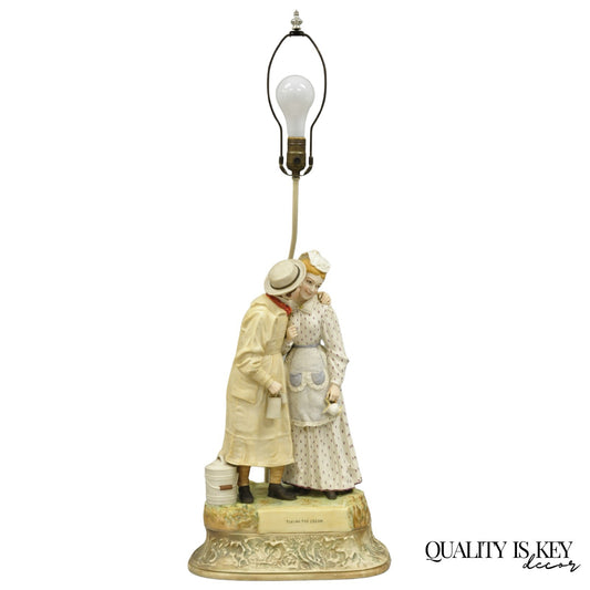Antique Large Victorian Bisque "Taking The Cream" Porcelain Figure Table Lamp