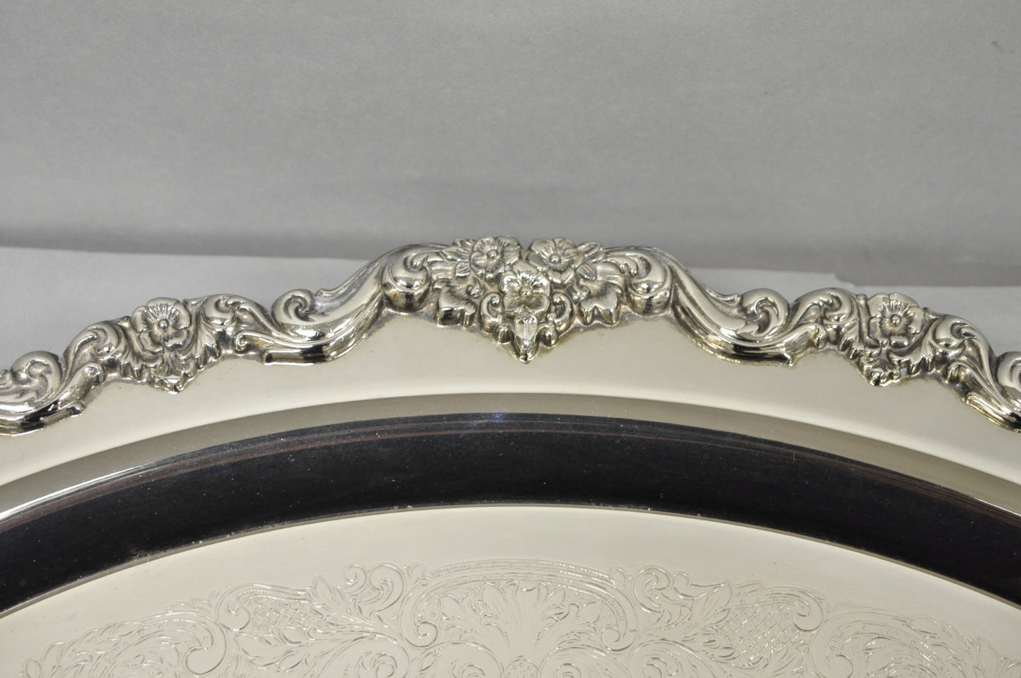 Vintage Extra Large Oval Silver Plated Serving Platter Bar Tray w/ Smoked Finish