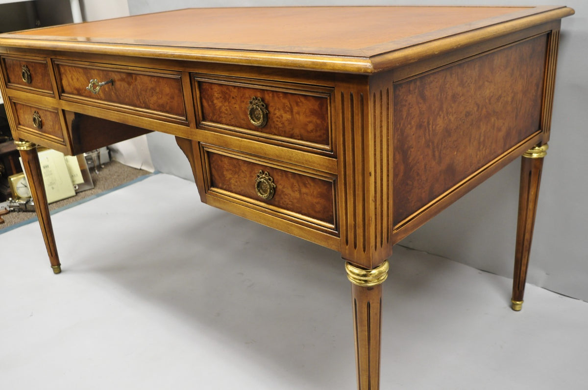 Vintage French Louis XVI Style Burl Walnut Tooled Leather Top Writing Desk
