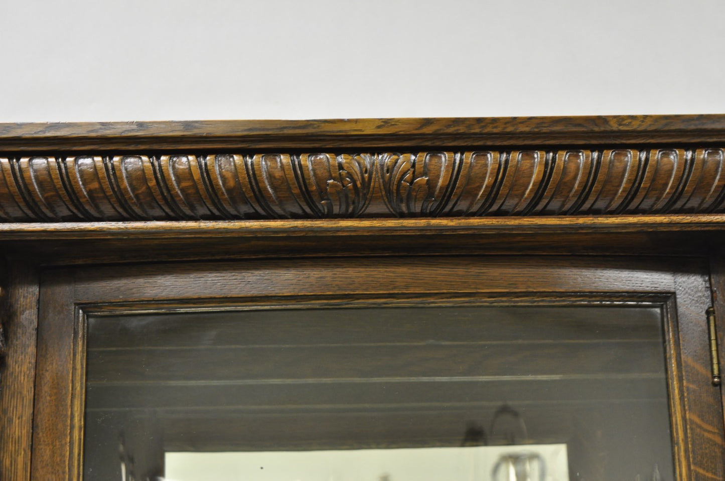 Antique American Empire Tiger Oak Curved Glass China Cabinet w/ Carved Griffins