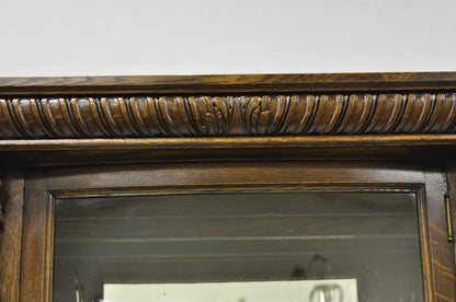 Antique American Empire Tiger Oak Curved Glass China Cabinet w/ Carved Griffins