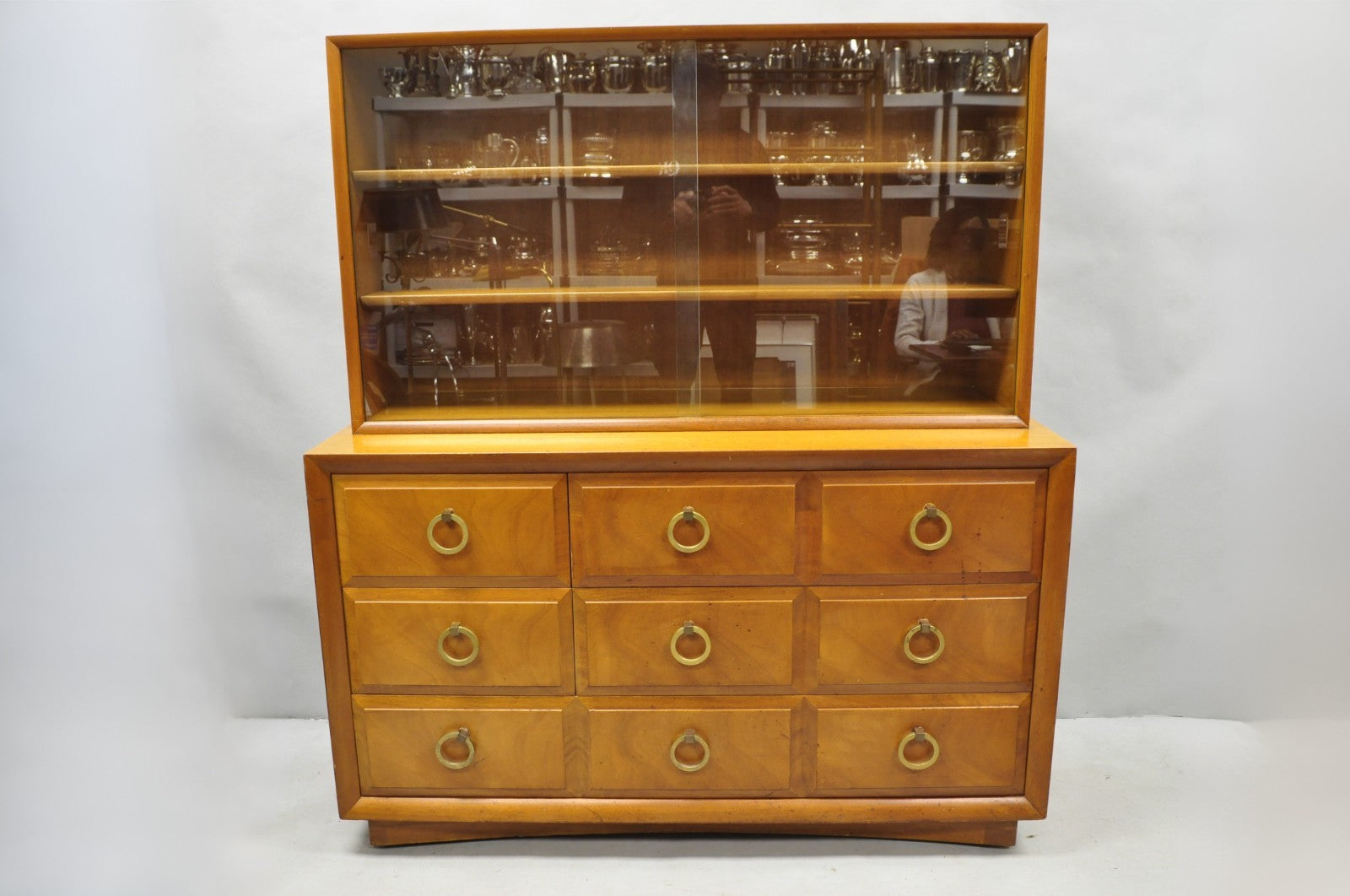 Vintage T.H. Robsjohn Gibbings for Widdicomb Mahogany Brass Ring China Cabinet