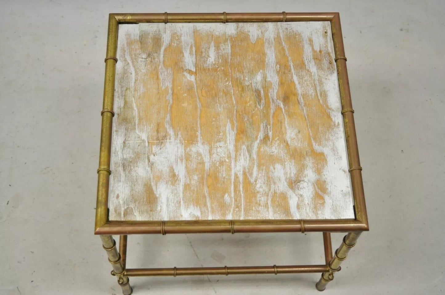 Italian Hollywood Regency Faux Bamboo Brass Tole Metal Low Square Side Table