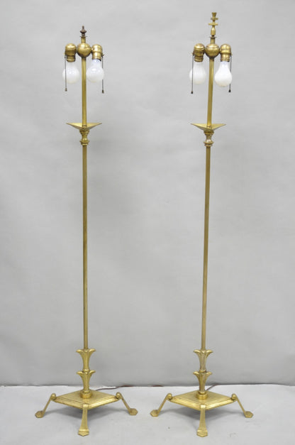 Antique Giacometti Style Brass Bronze Fleur de Lis Gothic Pole Floor Lamp - Pair