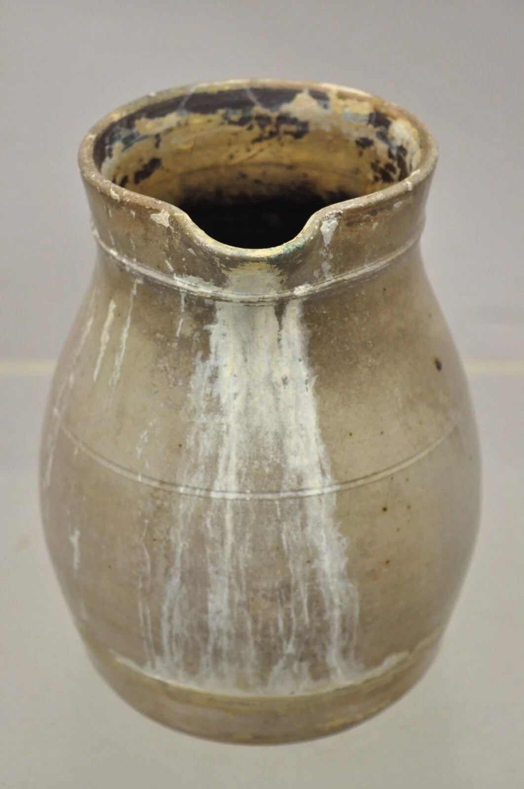 Antique Primitive Stoneware Salt Glazed 8" Bulbous Water Pitcher with Handle