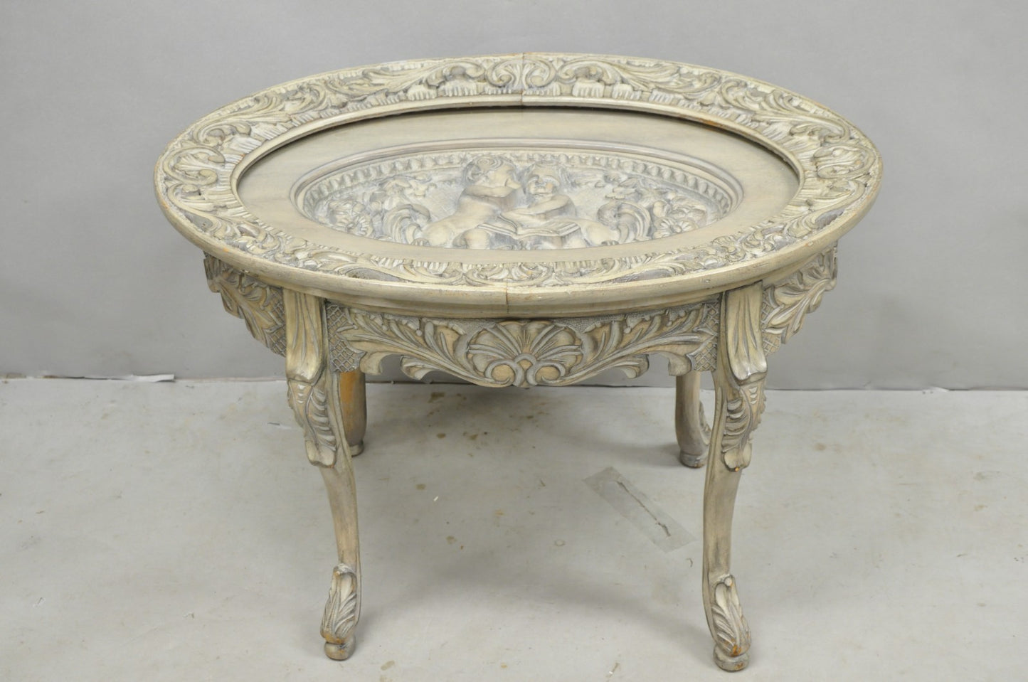 Vintage French Renaissance Walnut Gray Distress Painted Cherub Coffee Table