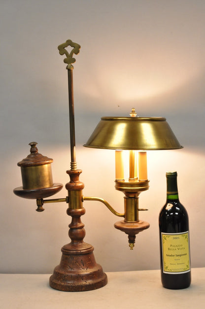 Vintage French Country Distressed Wood Brass Student Desk Lamp w/ Metal Shade