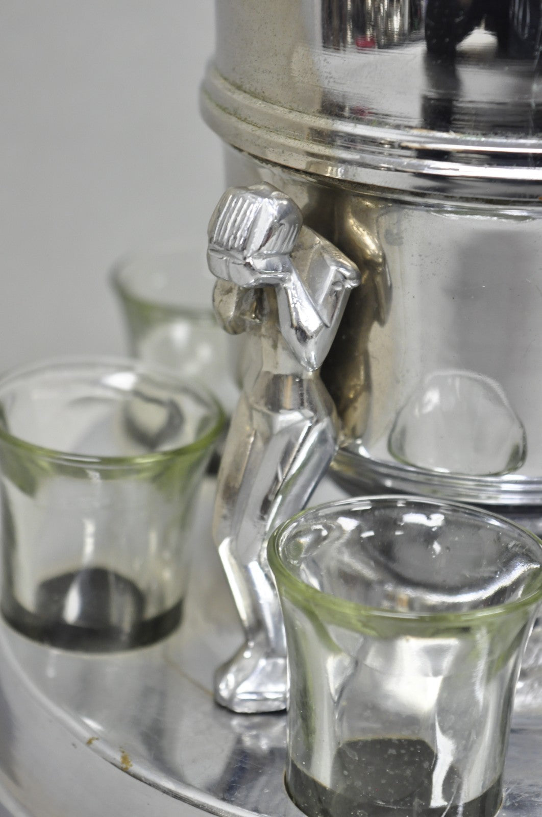 Vintage Art Deco Figural Chrome Metal Barware Samovar Decanter w/ Shot Glasses