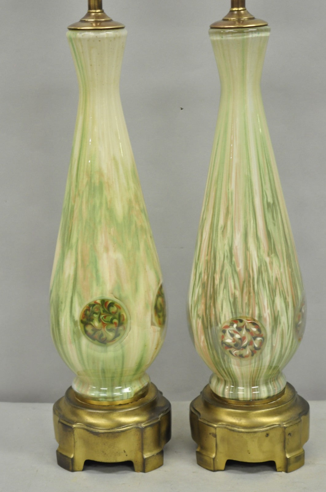 Vintage Mid Century Modern Italian Murano Green Blown Glass Table Lamps - a Pair