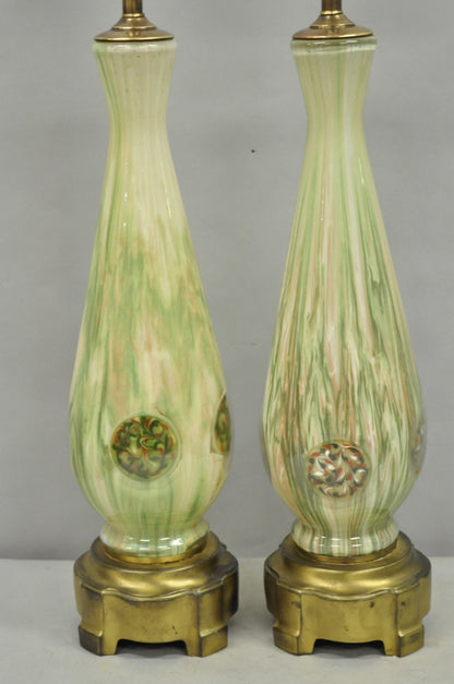 Vintage Mid Century Modern Italian Murano Green Blown Glass Table Lamps - a Pair