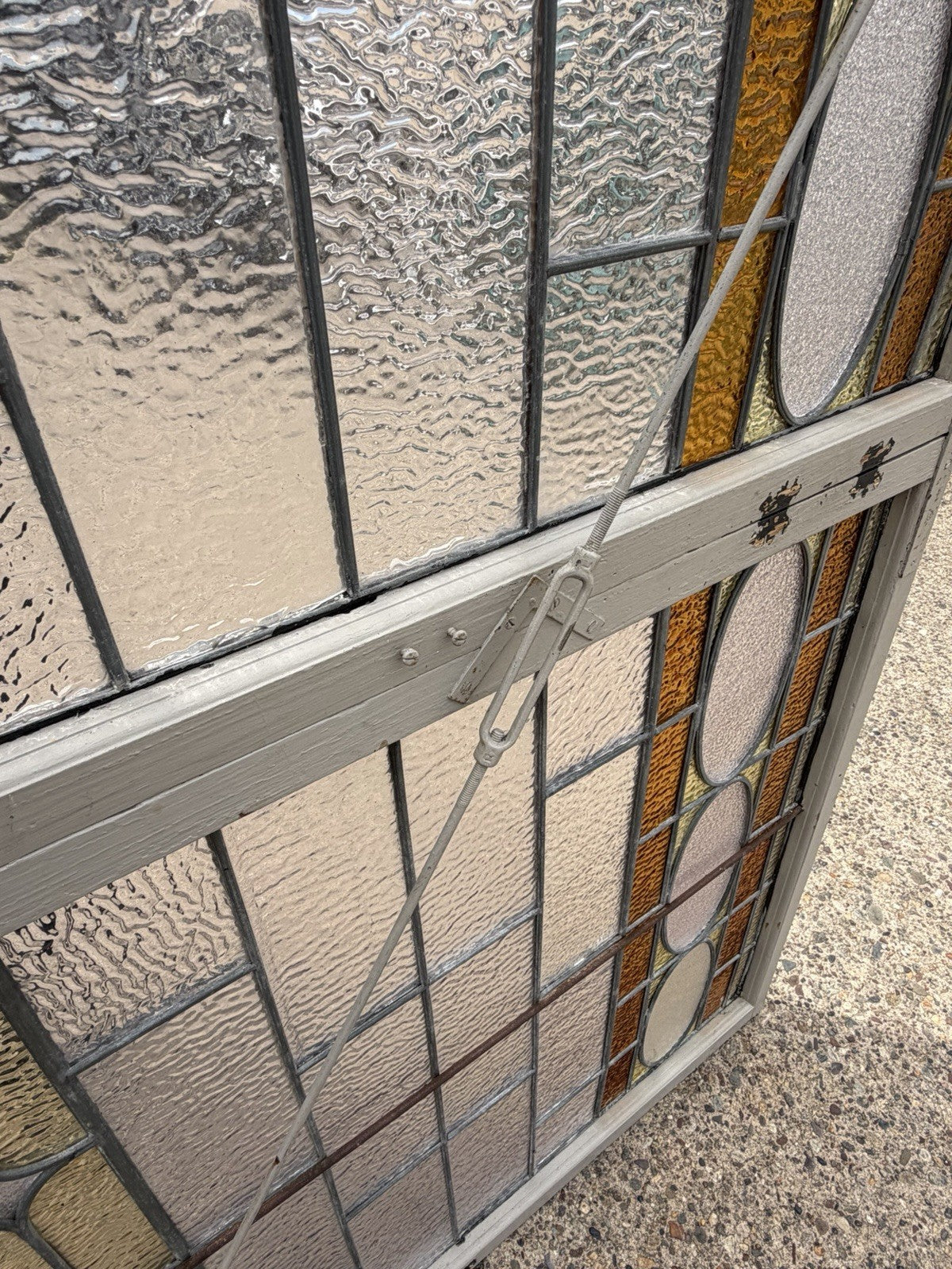 Antique Victorian Amber Stained Leaded Glass Double Window Converted to Door