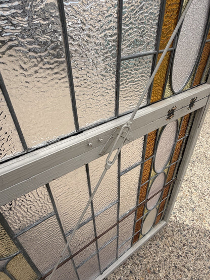 Antique Victorian Amber Stained Leaded Glass Double Window Converted to Door
