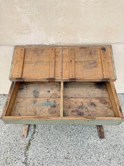 Antique French Primitive Rustic Green Distress Painted Flip Top Wood School Desk