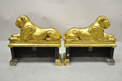 Antique French Empire Neoclassical Bronze Lion Andirons Chenet Fireplace Fender
