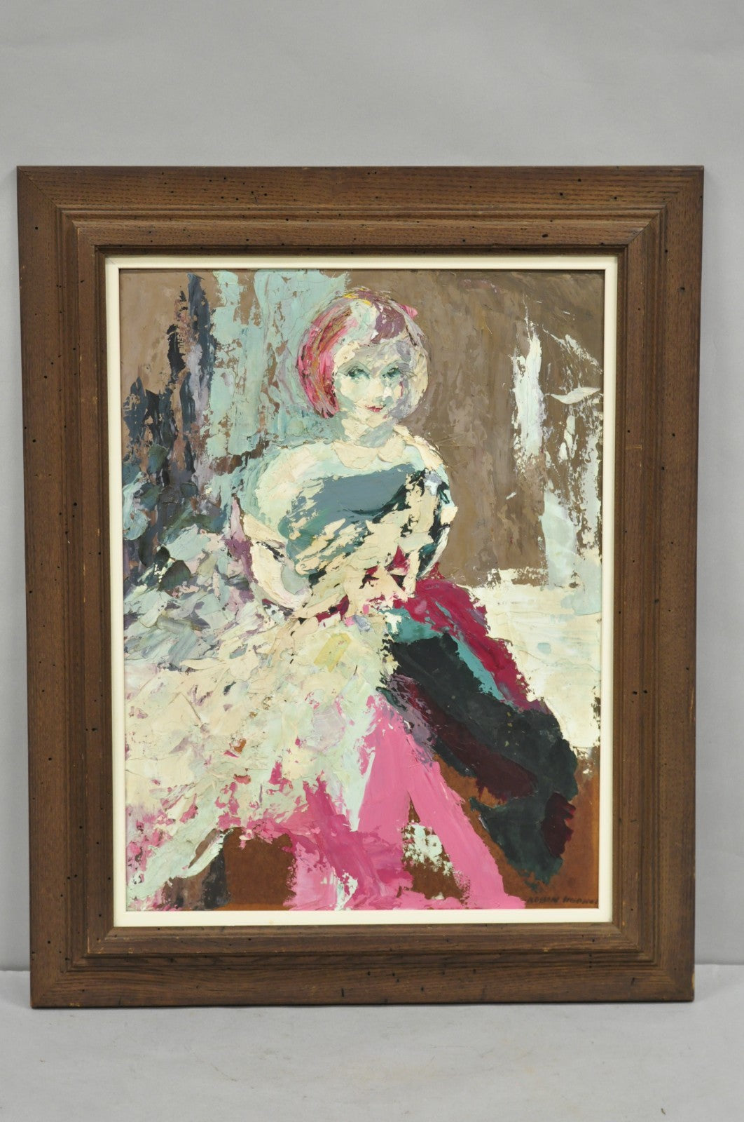 Vintage "Woman in Dress" Oil on Board Abstract Framed Painting, Signed