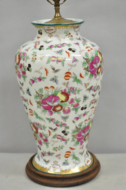 Vintage Chinoiserie Porcelain Jardinière Pink Flower Painted Large Table Lamp
