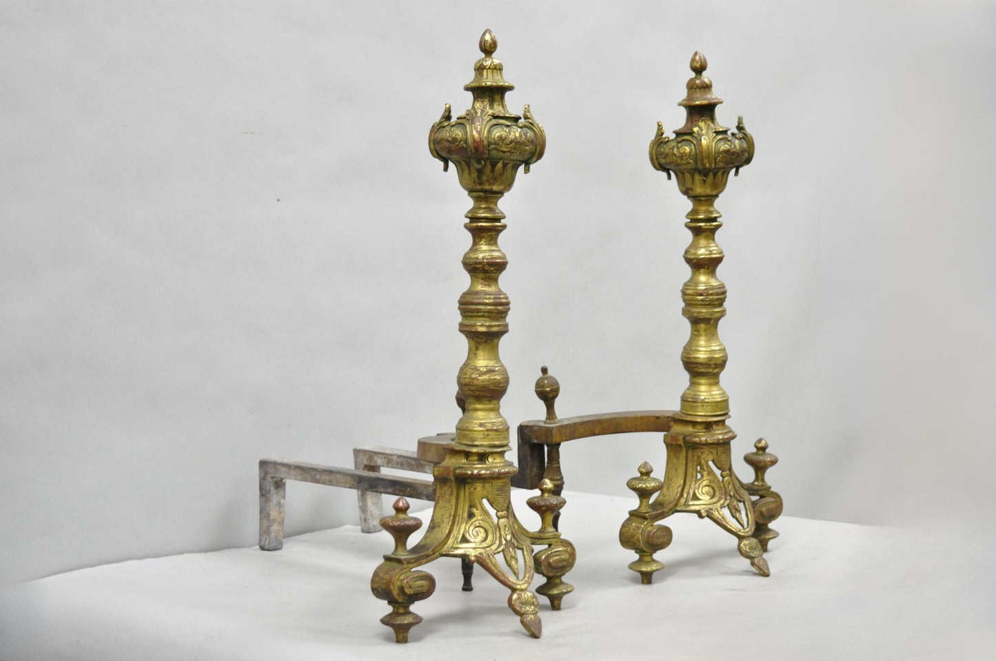 Antique French Baroque Louis XV Style Bronze Brass Andirons with Patina - a Pair