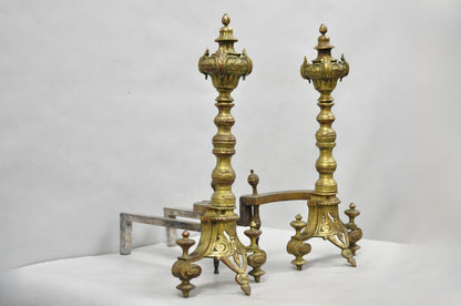 Antique French Baroque Louis XV Style Bronze Brass Andirons with Patina - a Pair