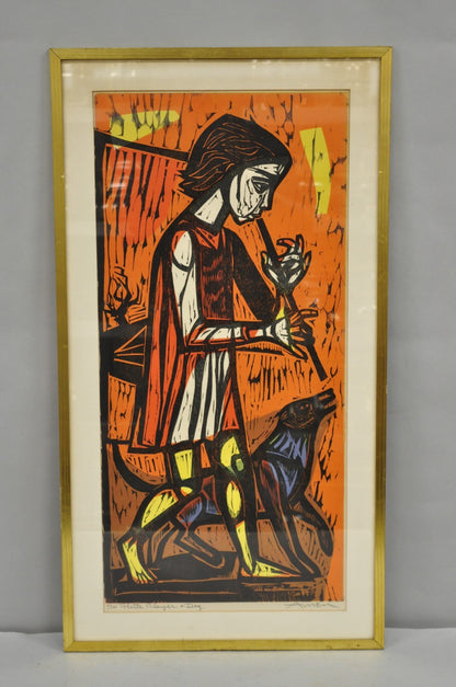 Vintage Irving Amen "Flute Player and Dog" Woodblock Print Judaica Art, Signed