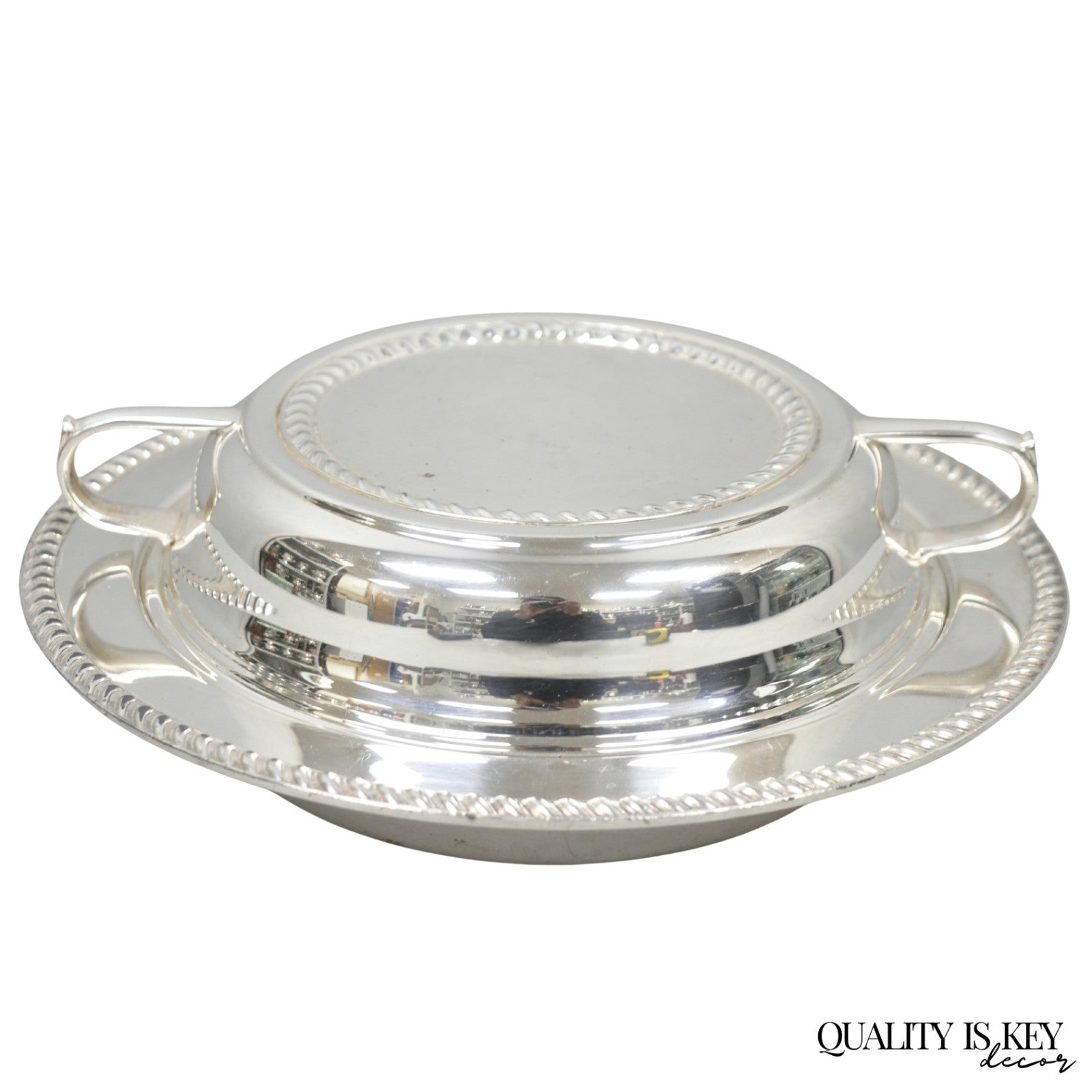 Vintage English Regency Style Round Covered Silver Plated Serving Dish w/Divider